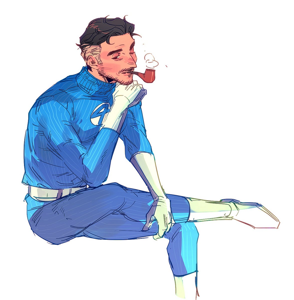 1boy, belt, black_hair, blue_bodysuit, bodysuit, boots, brown_eyes, closed_mouth, facial_hair, fantastic_four, gloves, hand_up, highres, looking_at_viewer, male_focus, marvel, marvel_cinematic_universe, multicolored_hair, number_print, one_eye_closed, reed_richards, short_hair, simple_background, sitting, smoke, smoking, smoking_pipe, solo, spogye22, streaked_hair, superhero_costume, the_fantastic_four:_first_steps, turtleneck, turtleneck_bodysuit, white_background, white_belt, white_boots, white_gloves, white_hair