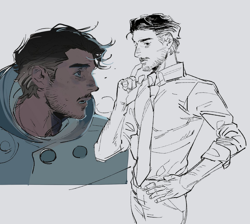 1boy, black_hair, closed_mouth, collared_shirt, cowboy_shot, facial_hair, fantastic_four, hand_on_own_hip