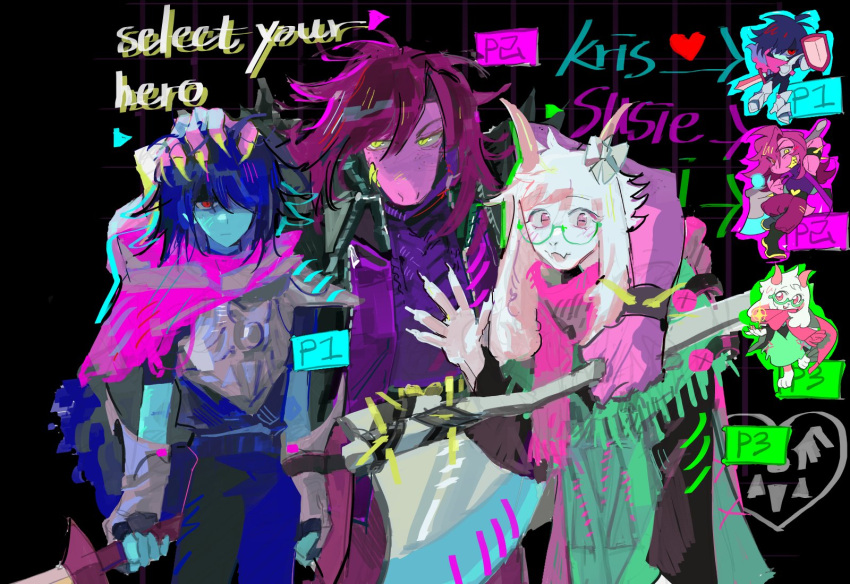 1boy, 1girl, 1other, animal_ears, arm_around_neck, armor, black_background, blue_hair
