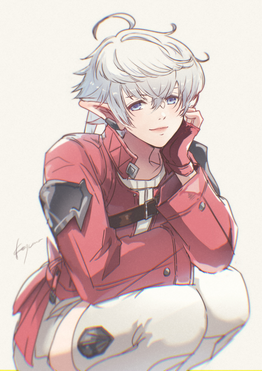 1girl, ahoge, alisaie_leveilleur, arm_rest, blue_eyes, boots, chest_belt, earclip