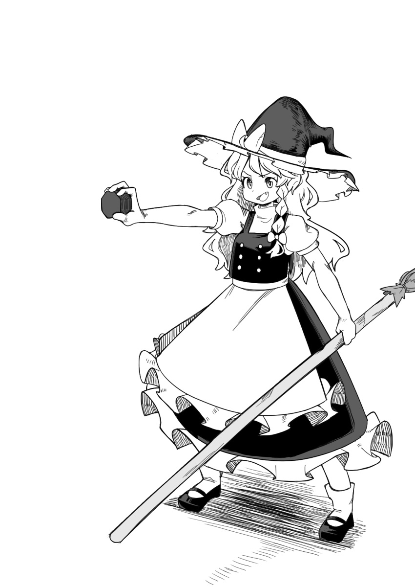 1girl, apron, bow, braid, broom, buttons, dress, fang