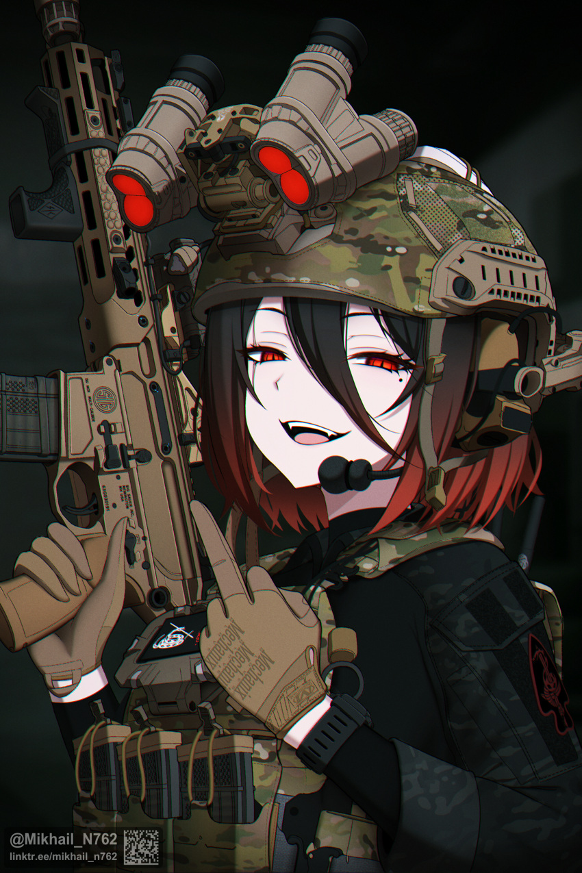 1girl, absurdres, black_hair, black_jacket, brown_gloves, bulletproof_vest, colored_tips, combat_helmet