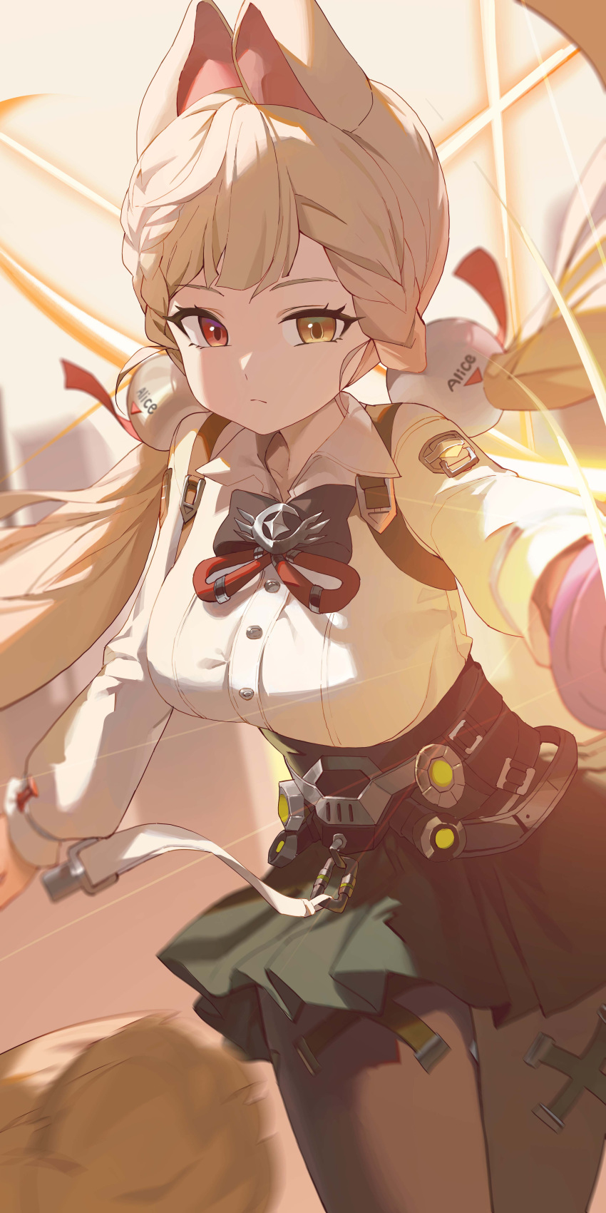 1girl, absurdres, alice_thymefield, animal_ears, aqua_skirt, black_bow, black_bowtie, black_pantyhose