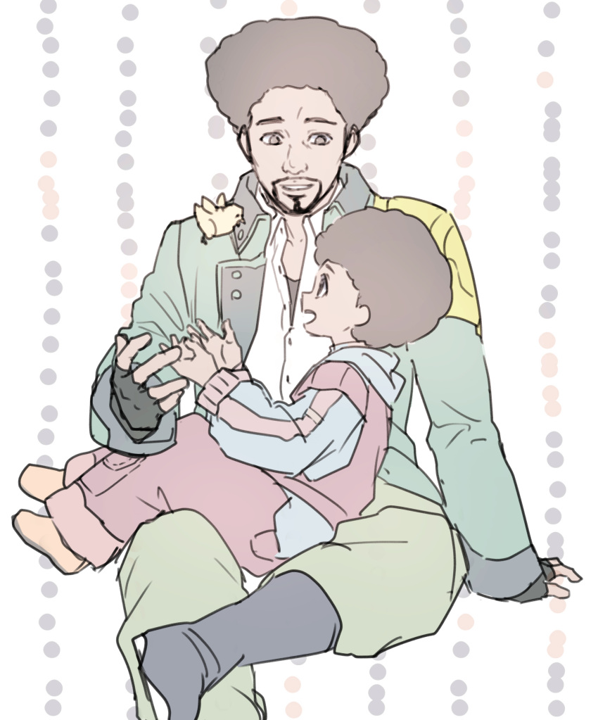 2boys, absurdres, afro, baby_animal, bird, black_boots, black_gloves, black_undershirt