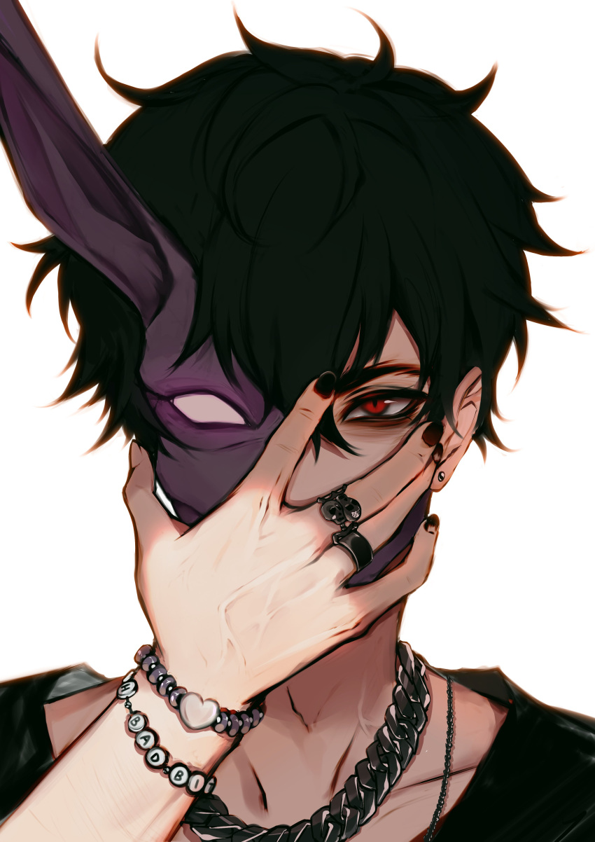 1boy, \n/, absurdres, bags_under_eyes, black_hair, black_nails, black_shirt, bracelet