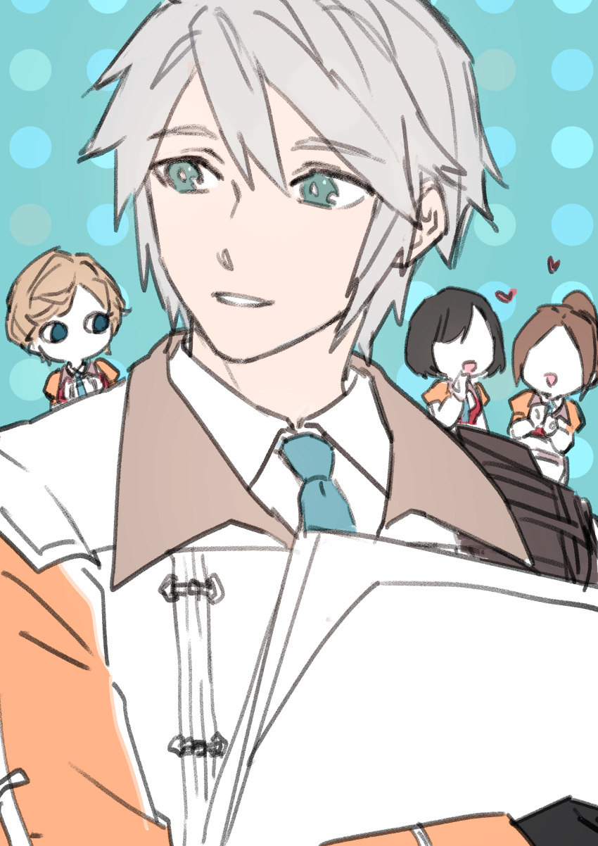1boy, 3girls, absurdres, alyssa_zaidelle, aqua_background, aqua_necktie, black_hair, blonde_hair