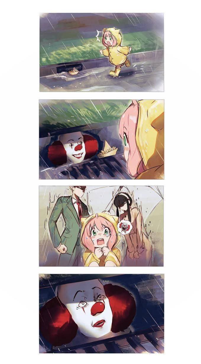 anya_(spy_x_family), it_(stephen_king), long_hair, medium_hair, multiple_boys, multiple_girls, pennywise, pennywise_in_the_sewer_(meme), rain, short_hair, spy_x_family, storm_drain, twilight_(spy_x_family), yor_briar