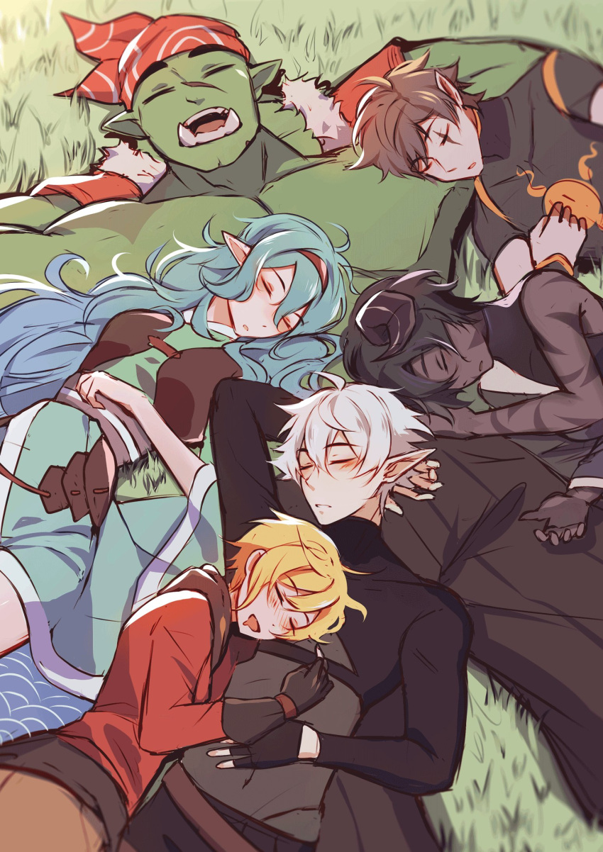 1hp_club, 3boys, 3girls, ahoge, alice_(1hp_club), arm_behind_head, black_gloves, black_hair