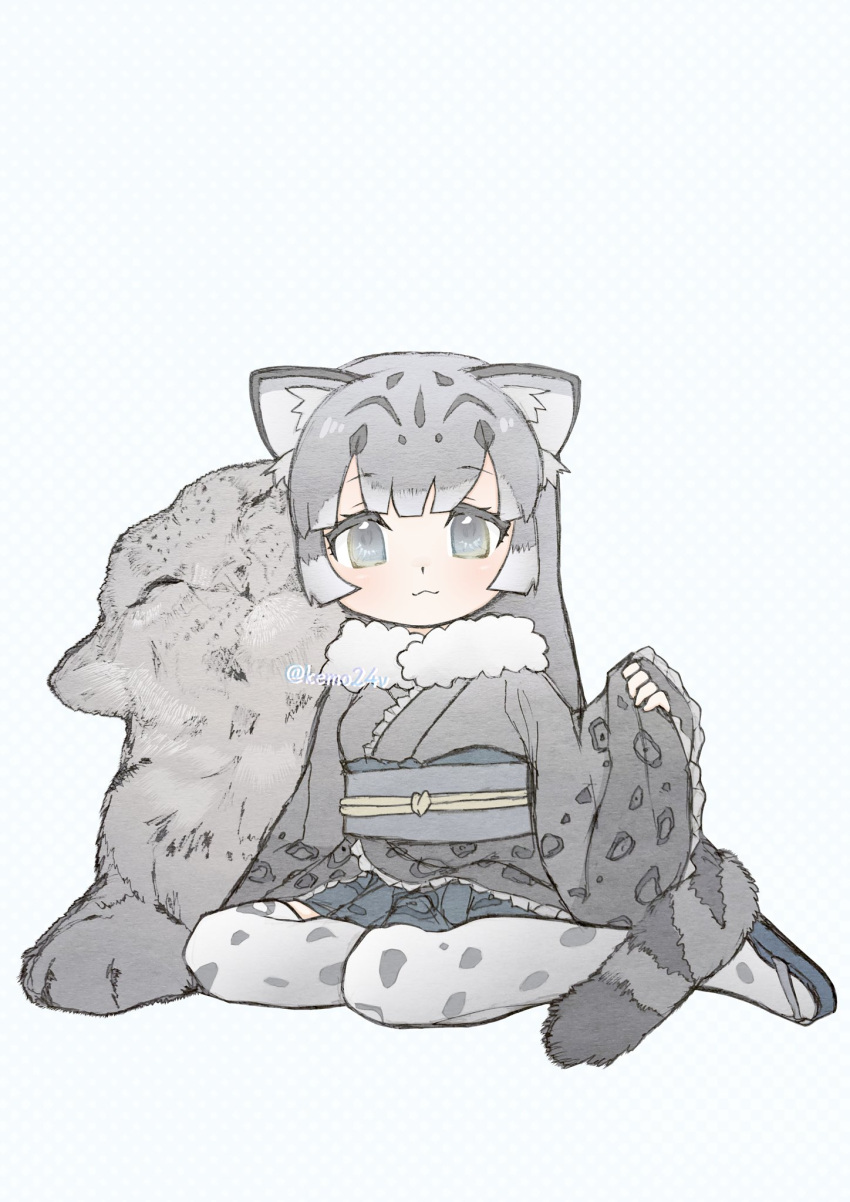 1girl, :3, animal_print, belt, blue_belt, blue_sandals, blunt_bangs, blush