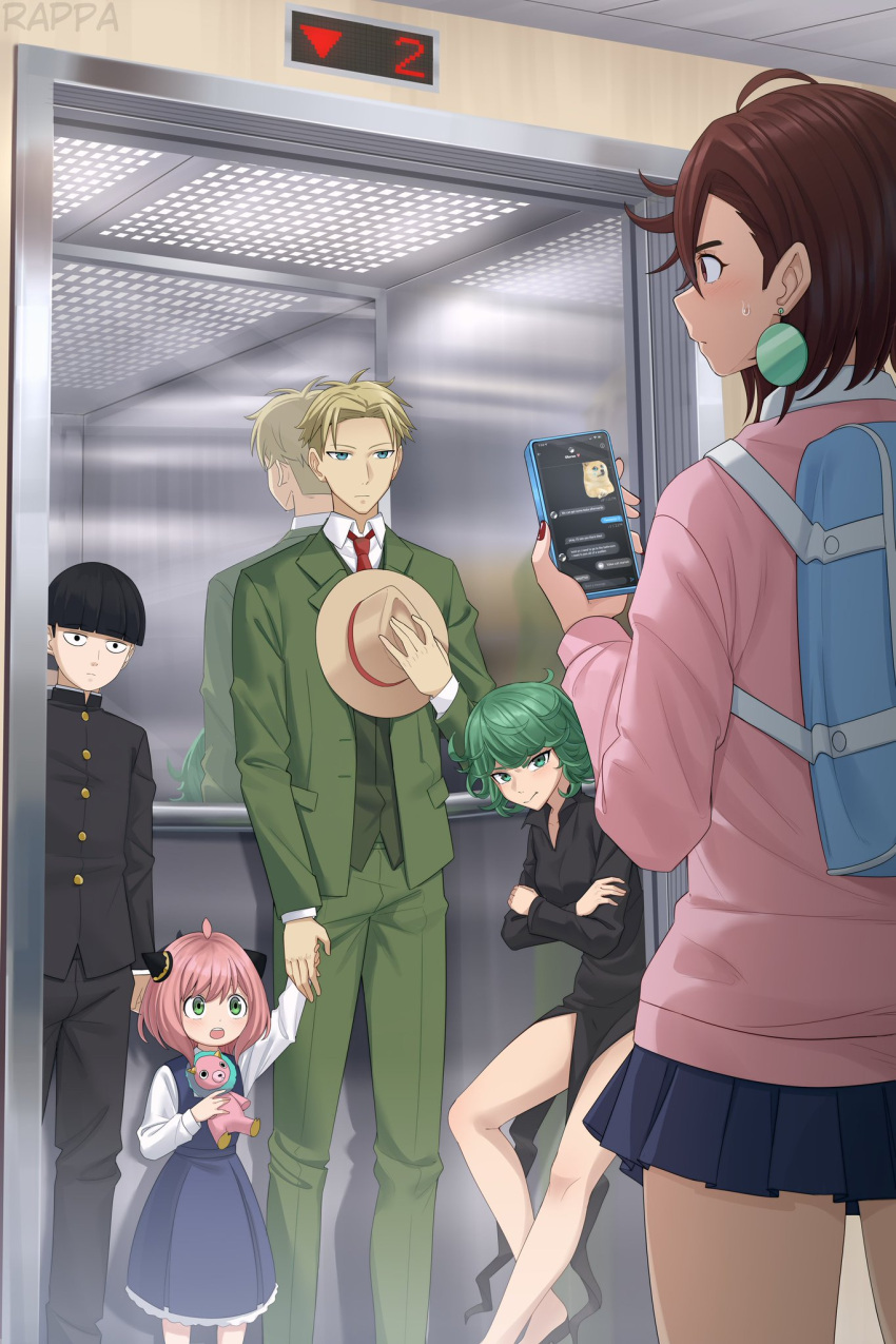 anya_(spy_x_family), ayase_momo, cellphone, crossover, dandadan, elevator, long_hair, medium_hair