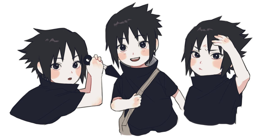 1boy, bag, black_hair, black_shirt, blush_stickers, child, cropped_torso, furrowed_brow