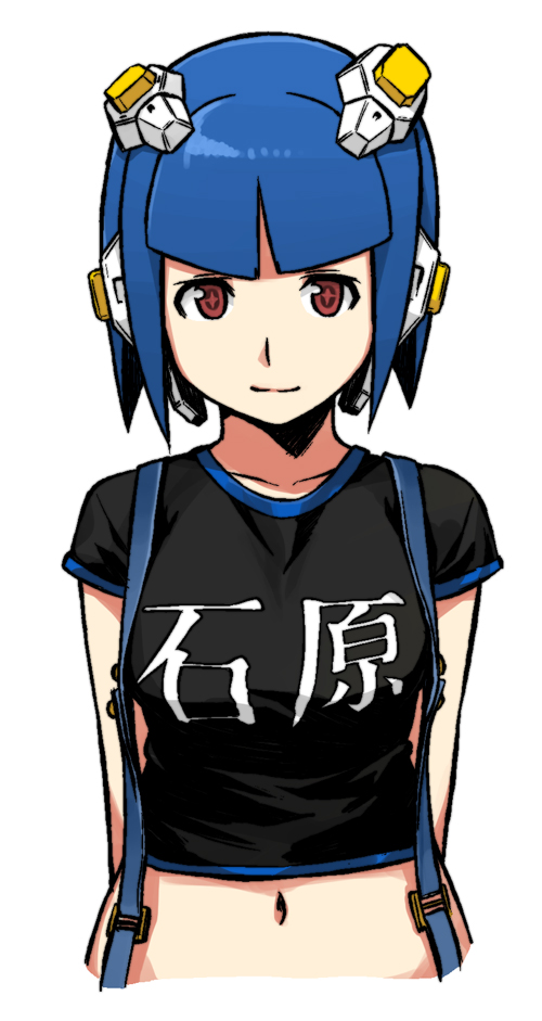 airi_(dream_c_club), android, bangs, blue_hair, blunt_bangs, bob_cut, breasts, brown_eyes, casual, clothes_writing, clothing_writing, dream_c_club, ili_(dream_c_club), large_breasts, midriff, navel, red_eyes, robot_ears, short_hair, smile, suspenders, symbol-shaped_pupils, t-shirt, tachibana_midori