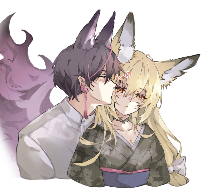 1boy, 1girl, animal_ears, arknights, blonde_hair, fox_boy, fox_ears, fox_girl
