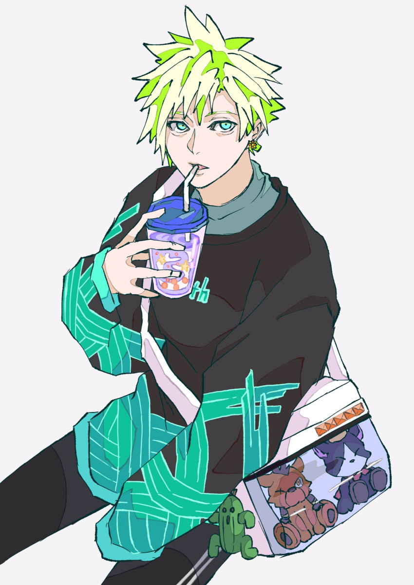 1boy, 7hanada, alternate_costume, aqua_eyes, bag, black_pants, black_sweater, blonde_hair