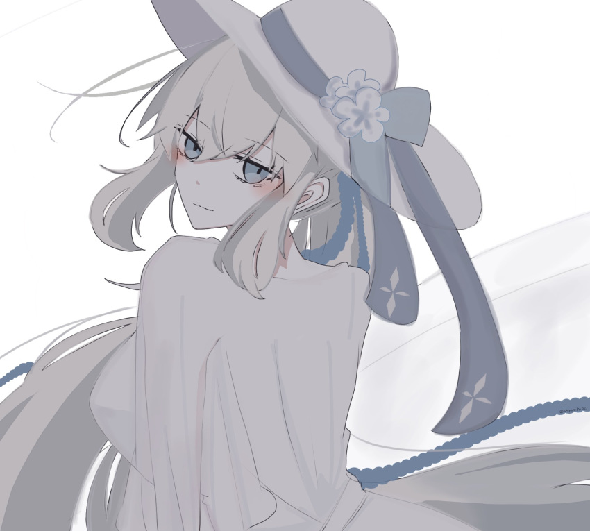 1girl, 55nyako20, blue_eyes, dress, fate/grand_order, fate_(series), hair_between_eyes, hat