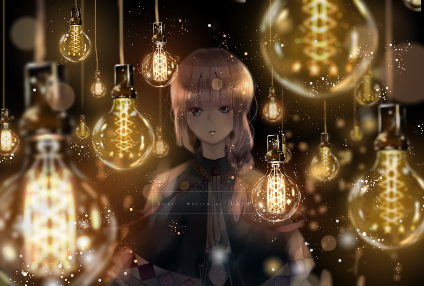 1girl, awanagiee, blonde_hair, blouse, blush, braid, capelet, expressionless