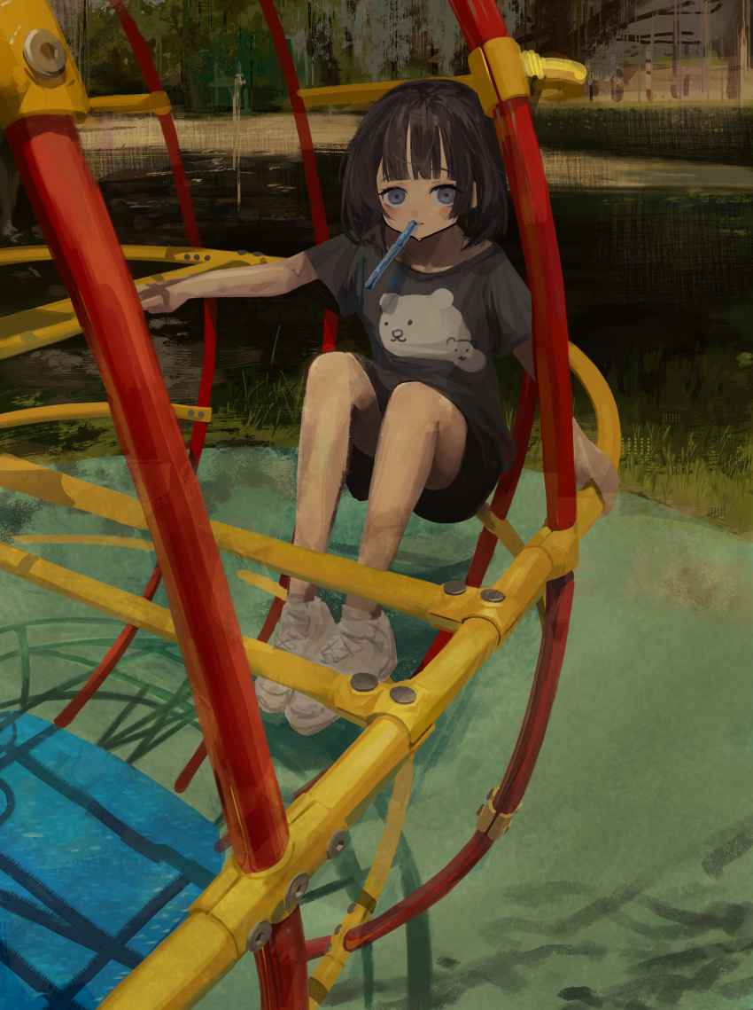 1girl, absurdres, animal_print, black_hair, black_shirt, black_shorts, blue_eyes, blush