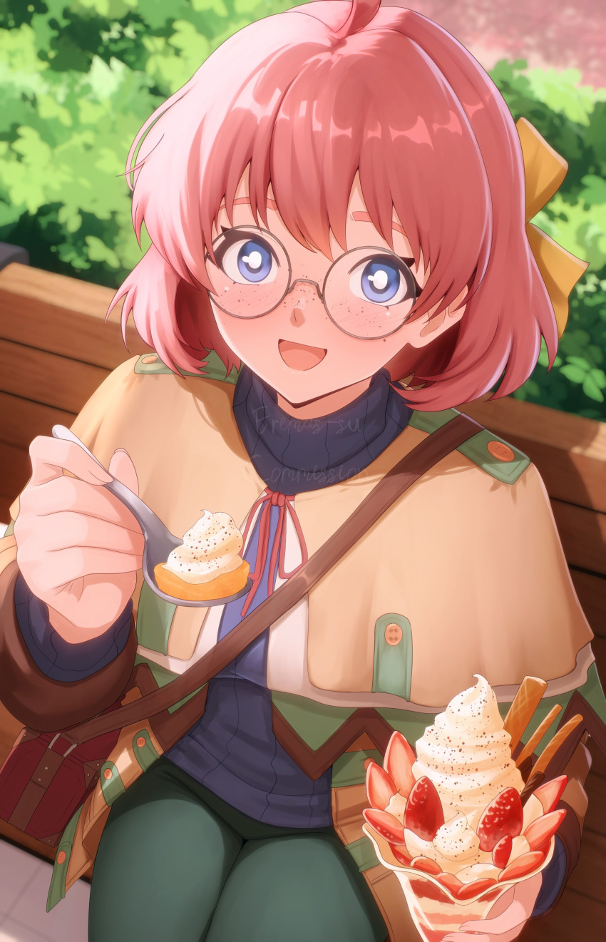 1girl, absurdres, ahoge, bench, blue_eyes, blush, capelet, commission
