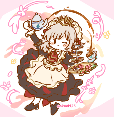 1girl, akmd125, apron, ascot, black_dress, blush, chibi, closed_eyes