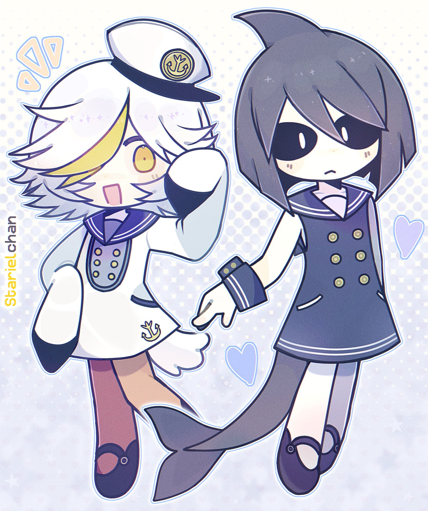 2girls, :<, bird_girl, bird_tail, black_hair, black_sandals, black_sclera, blue_sailor_collar