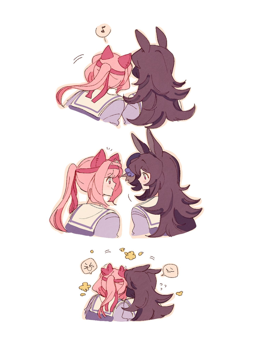 2girls, animal_ears, blue_flower, blue_rose, blush, brown_hair, closed_mouth, ear_covers