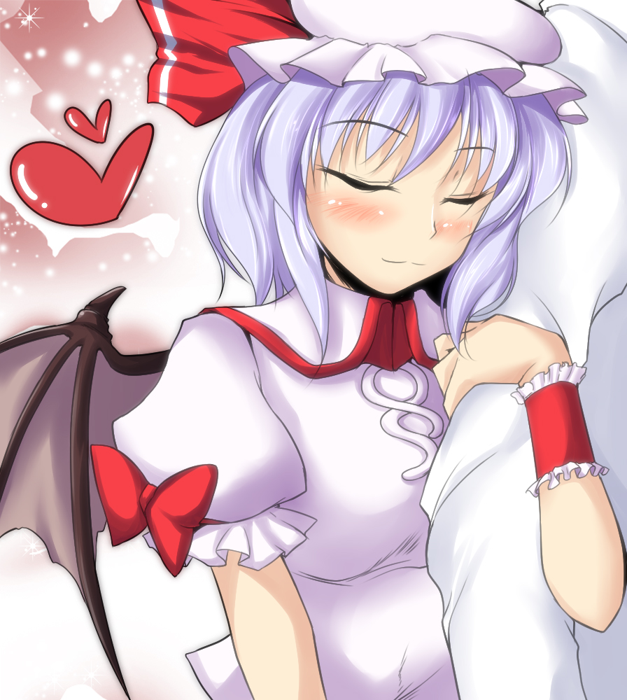 arm_hug, bat_wings, blue_hair, blush, bow, closed_eyes, eyes_closed, hat