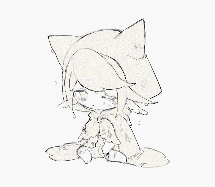 1boy, animal_ears, avicinda_(infinity_nikki), bags_under_eyes, barefoot, bow, bowtie, cat_boy, cat_ears, cloak, closed_mouth, dirty, dirty_clothes, dirty_face, ear_covers, fins, frown, full_body, grey_background, greyscale, head_fins, hood, hood_up, hooded_cloak, infinity_nikki, injury, kemonomimi_mode, looking_at_viewer, male_focus, monochrome, nikki_(series), one_eye_closed, romper, sad, scar, scar_across_eye, scar_on_face, scar_on_knee, short_hair, simple_background, sitting, solo, swept_bangs, tinakko, torn_clothes, wet