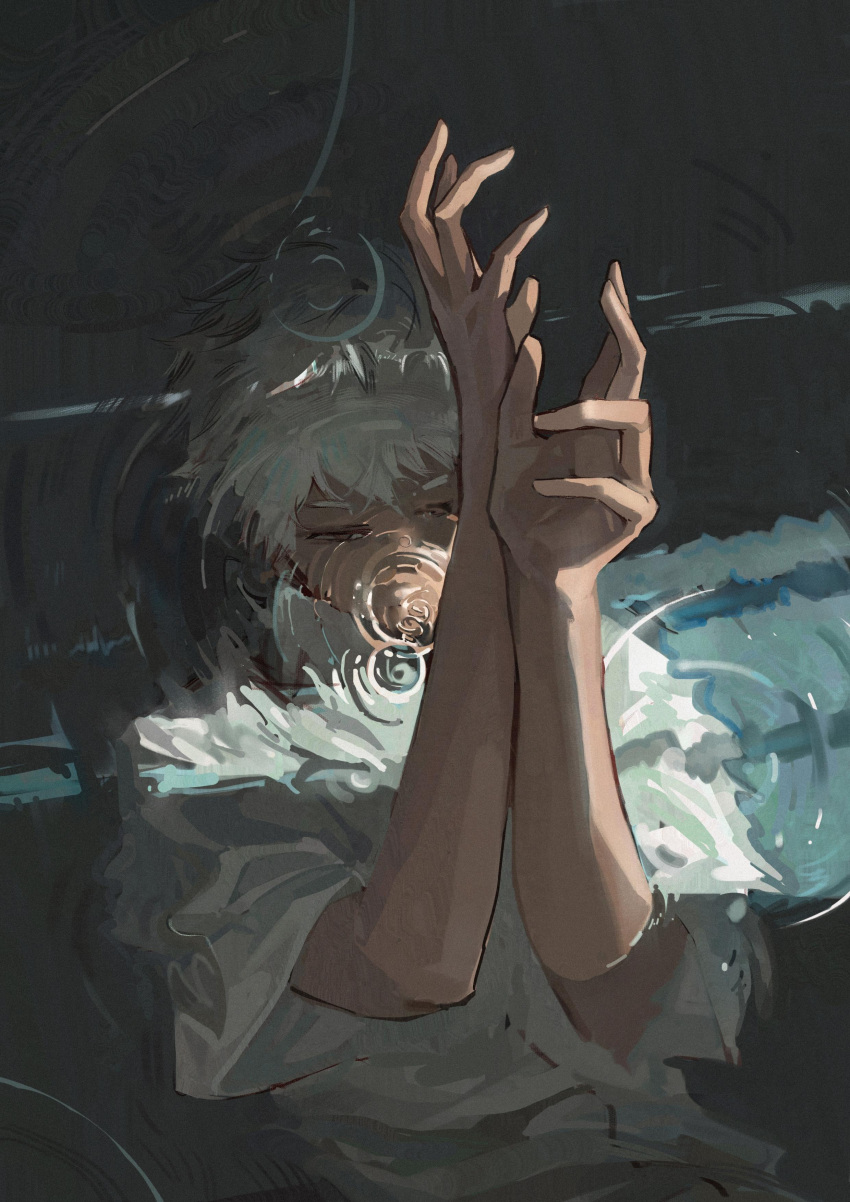1boy, absurdres, arms_up, closed_eyes, hands_up, highres, hikaru_ga_shinda_natsu, indou_hikaru