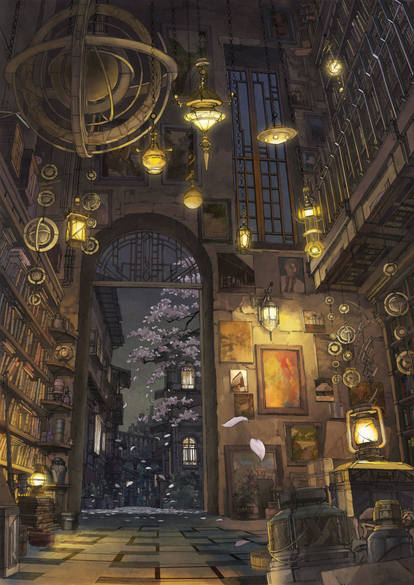 armillary_sphere, book, bookshelf, bridge, chain, cherry_blossoms, city_skyline, door