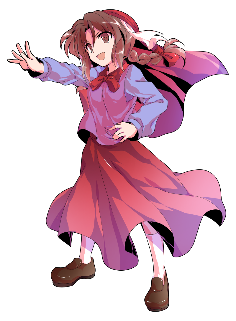 1girl, :d, alphes_(style), blue_shirt, bow, bowtie, braid, braided_ponytail