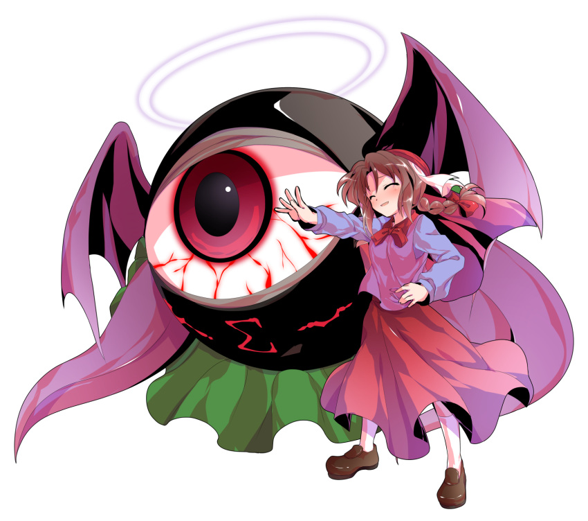 1girl, alphes_(style), bat_wings, bloodshot_eyes, blue_shirt, blush, bow, bowtie