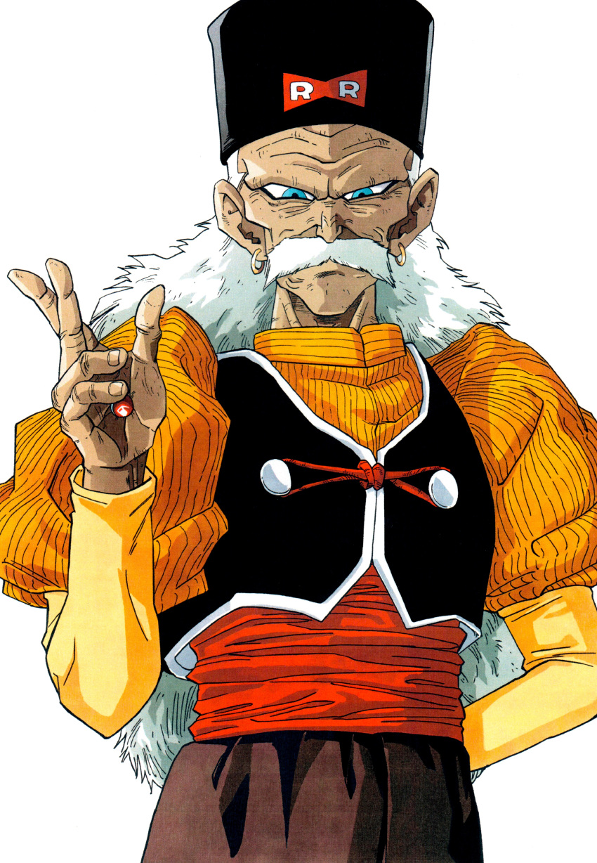 1boy, absurdres, black_vest, brown_pants, cowboy_shot, dr._gero_(dragon_ball), dragon_ball, dragon_ball_z, earrings, facial_hair, highres, jewelry, long_hair, male_focus, mustache, no_eyebrows, orange_shirt, pants, shirt, silverwoodwork, simple_background, solo, vest, white_background, white_hair