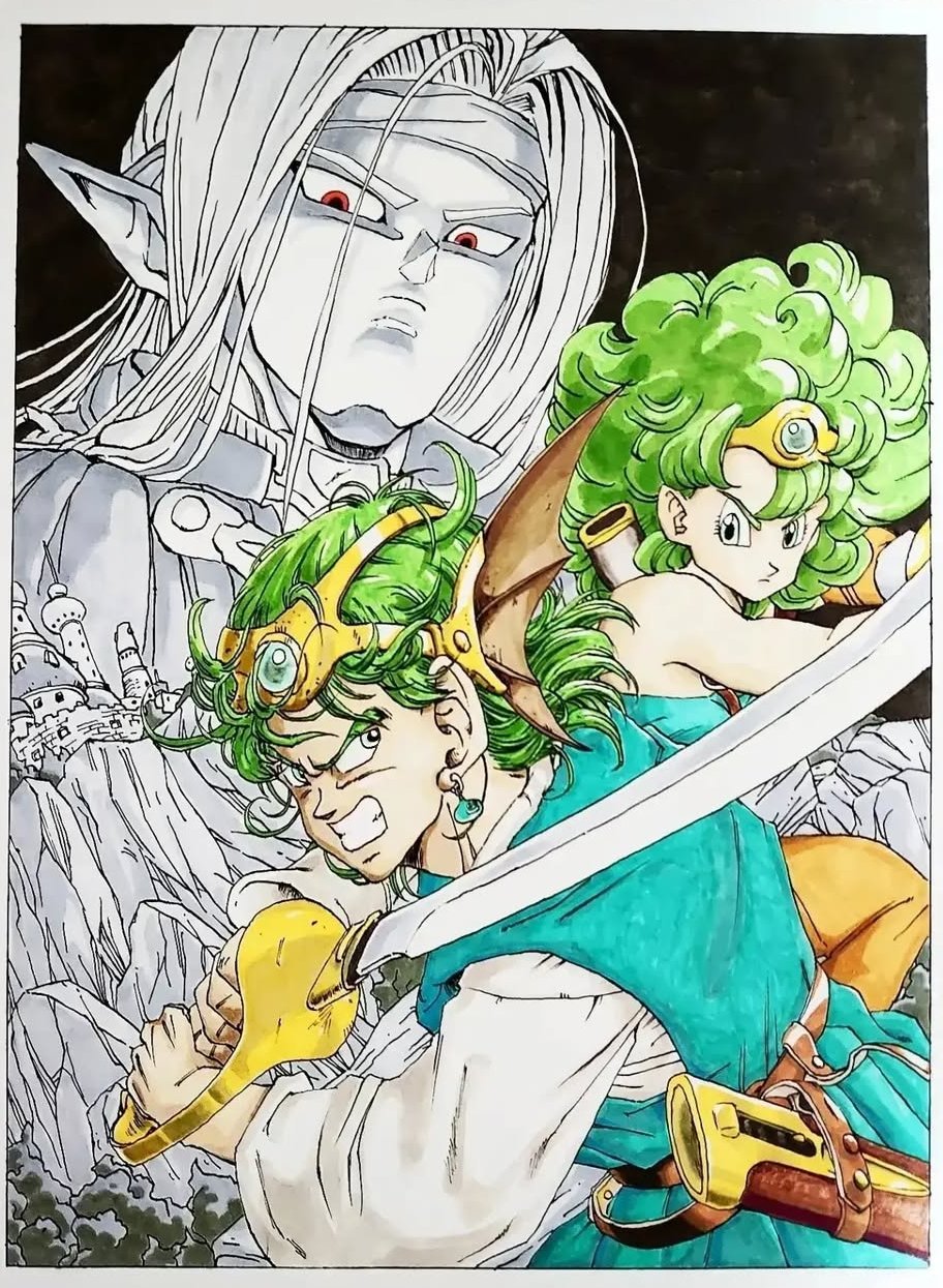 1girl, 2boys, aqua_dress, aqua_tunic, bare_shoulders, black_background, circlet, clenched_teeth, curly_hair, dragon_quest, dragon_quest_iv, dress, earrings, furrowed_brow, gem, green_hair, grey_gemstone, hero_(dq4), heroine_(dq4), highres, holding, holding_sword, holding_weapon, jewelry, long_bangs, long_hair, maid_headdress, medium_hair, multiple_boys, orange_pantyhose, pantyhose, parted_bangs, pisaro, pointy_ears, shirt, sword, tcgf_04, teeth, toriyama_akira_(style), traditional_media, tunic, weapon, white_shirt, winged_hair_ornament