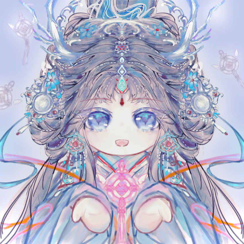 1girl, black_hair, blue_background, blue_eyes, blue_hanfu, chibi, chinese_clothes, clouded_loong_(infinity_nikki)