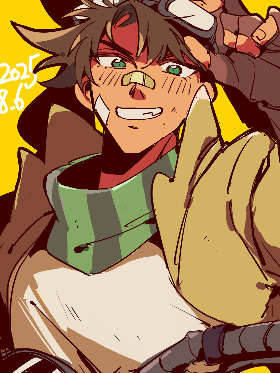 1boy, adjusting_goggles, bandaid, bandaid_on_cheek, bandaid_on_face, bandaid_on_nose, battle_tendency, brown_hair