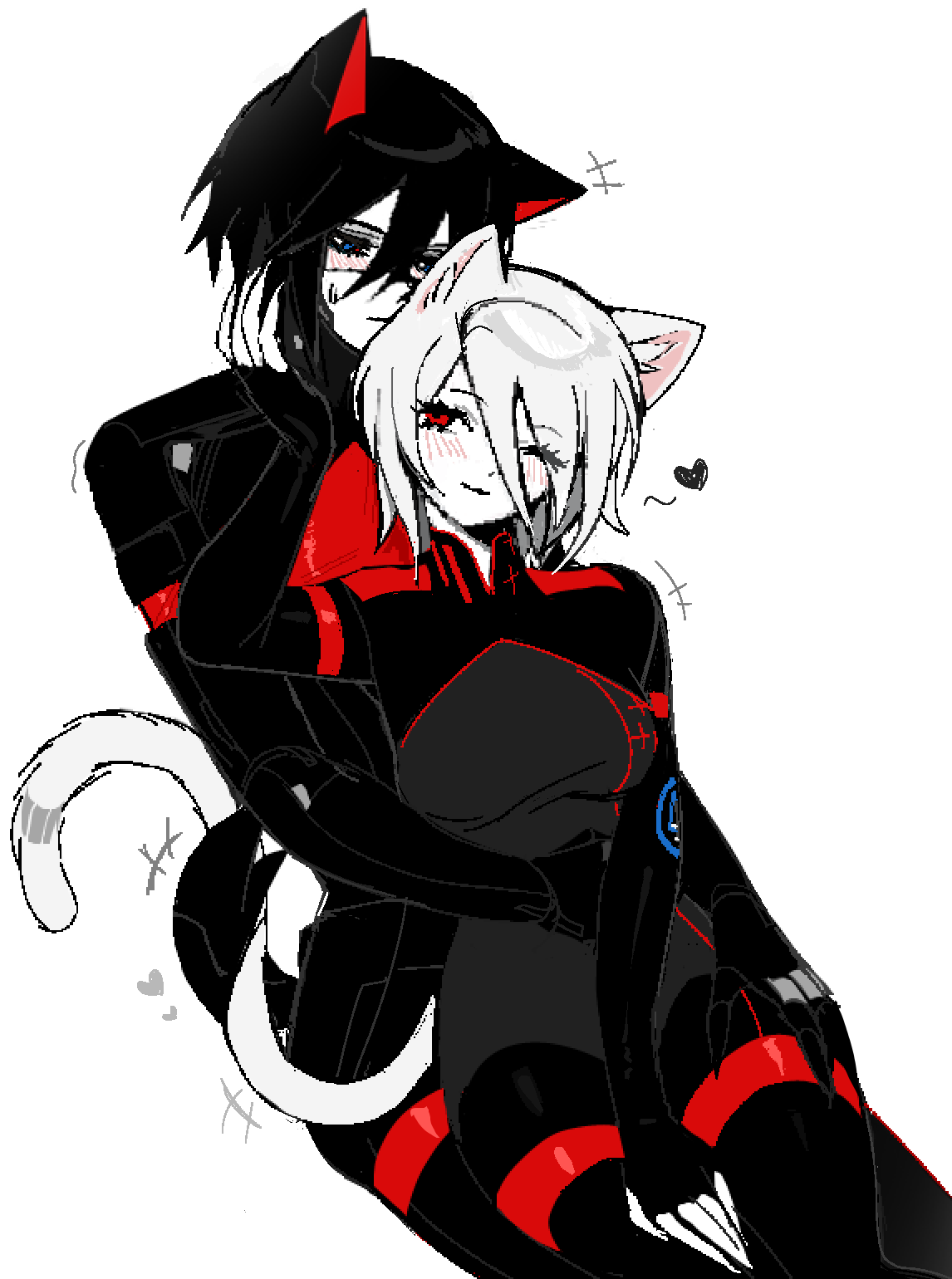 2girls, android, animal_ears, ariane_yeong, black_hair, cat_ears, cat_tail, dog_ears, dog_tail, elster_(signalis), eve_(everotten), hand_on_another's_head, heart, highres, multiple_girls, short_hair, sitting, tail, white_background, white_hair