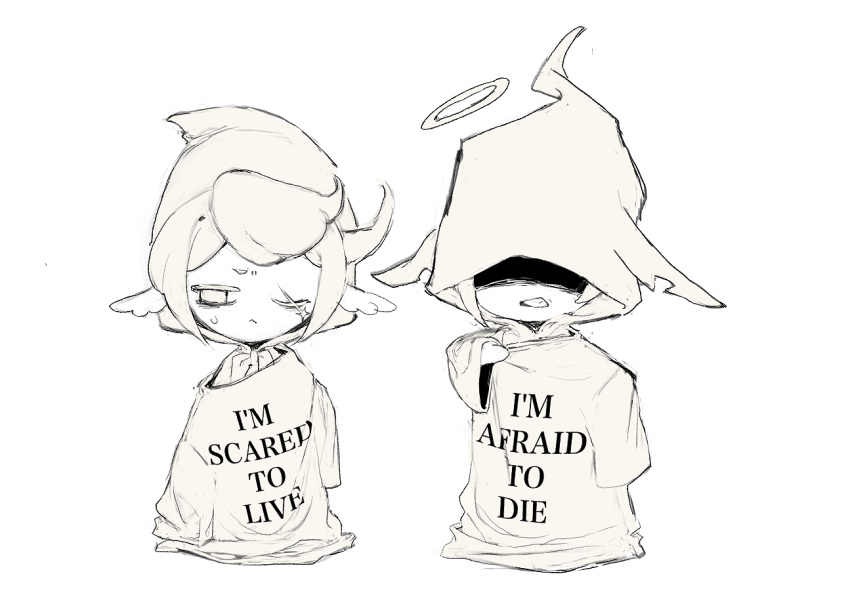 2boys, avicinda_(infinity_nikki), chigda_(infinity_nikki), clenched_hand, cloak, closed_mouth, clothes_writing, covered_eyes