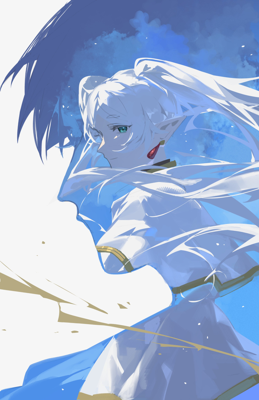 1girl, absurdres, blending, blue_sky, capelet, closed_mouth, clouds, collared_capelet, cowboy_shot, day, earrings, elf, floating_clothes, floating_hair, frieren, green_eyes, happy, highres, himmel_(sousou_no_frieren), jewelry, light_particles, long_hair, long_sleeves, looking_at_viewer, looking_back, miniskirt, outdoors, pleated_skirt, pointy_ears, pointy_nose, shirt, silhouette, skirt, skirt_set, sky, smile, solo, sousou_no_frieren, standing, twintails, vt_tai, white_background, white_capelet, white_hair, white_shirt, white_skirt