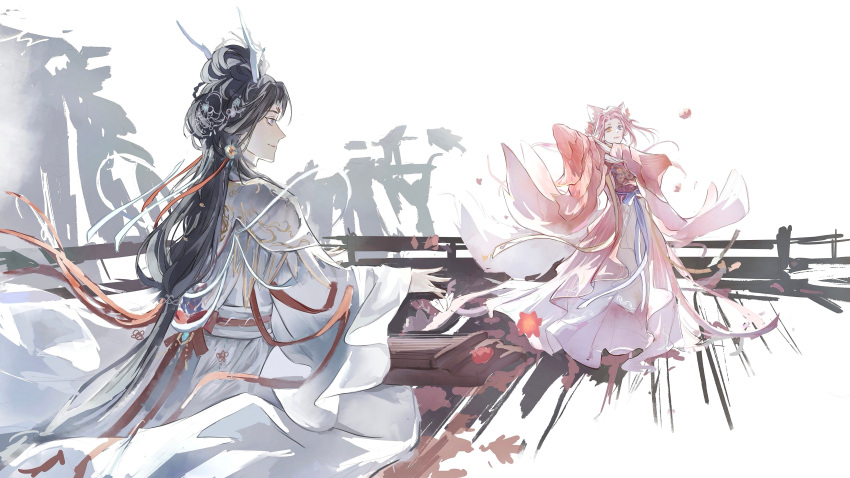 2girls, absurdly_long_hair, absurdres, animal_ear_fluff, animal_ears, animal_print, black_hair, blue_eyes