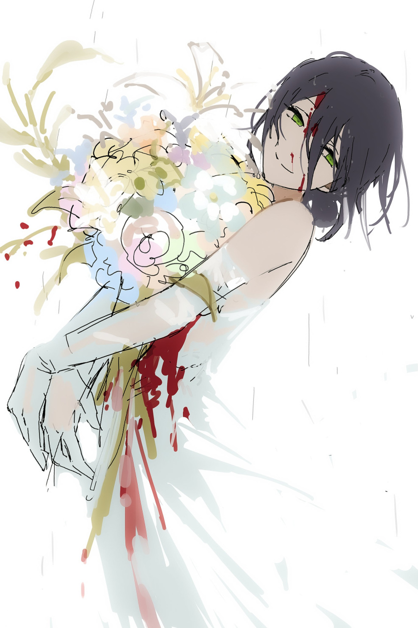 1girl, absurdres, arched_back, bare_shoulders, black_hair, blood, blood_on_clothes, blood_on_dress
