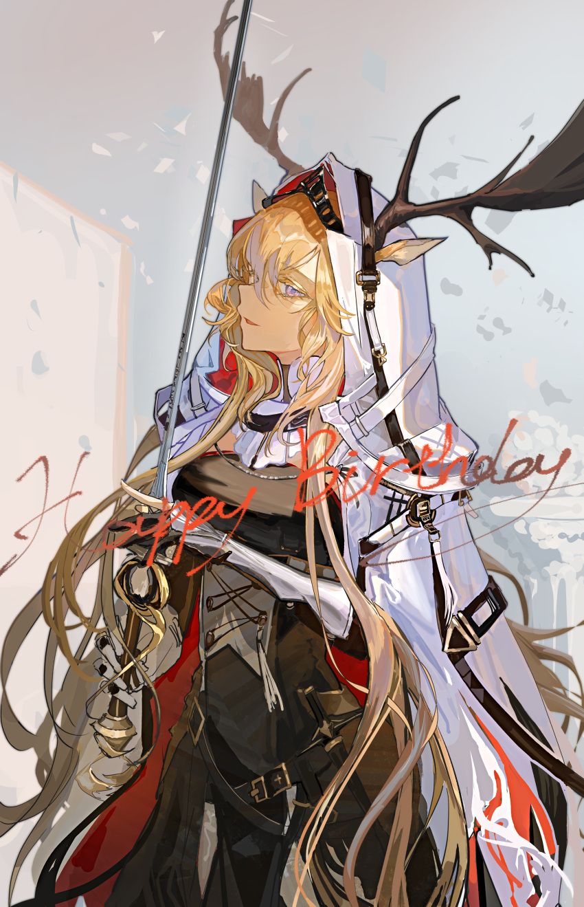 absurdres, animal_ears, antlers, arknights, belt, black_belt, black_dress, blonde_hair