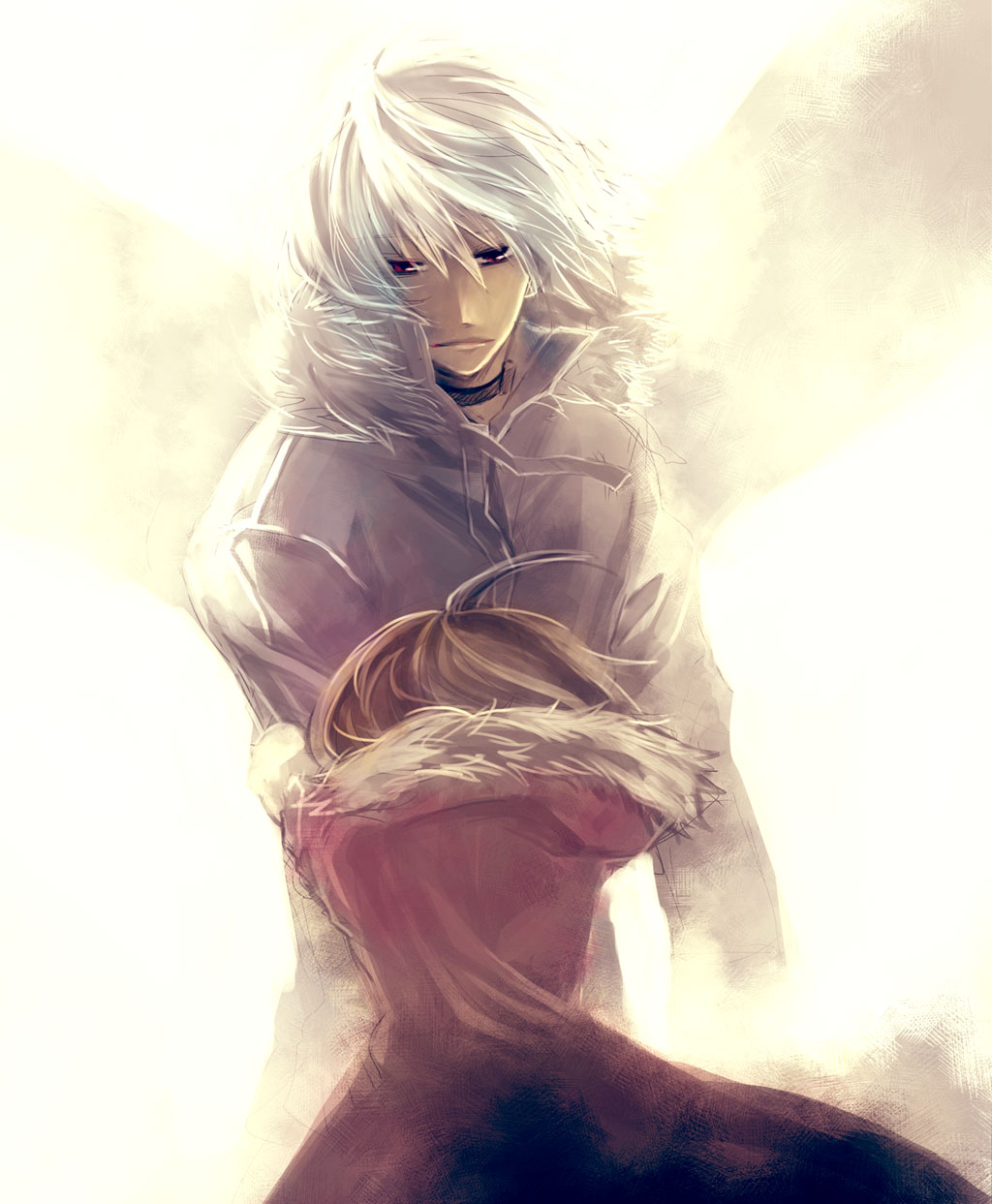 ahoge, albino, brown_hair, choker, fur_collar, highres, jacket, last_order, red_eyes, to_aru_majutsu_no_index, tomotarou, white_hair, wings