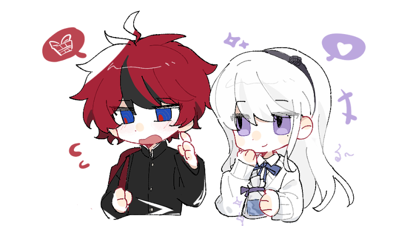 +++, 1boy, 1girl, ahoge, artist_request, backpack, bag, black_hair