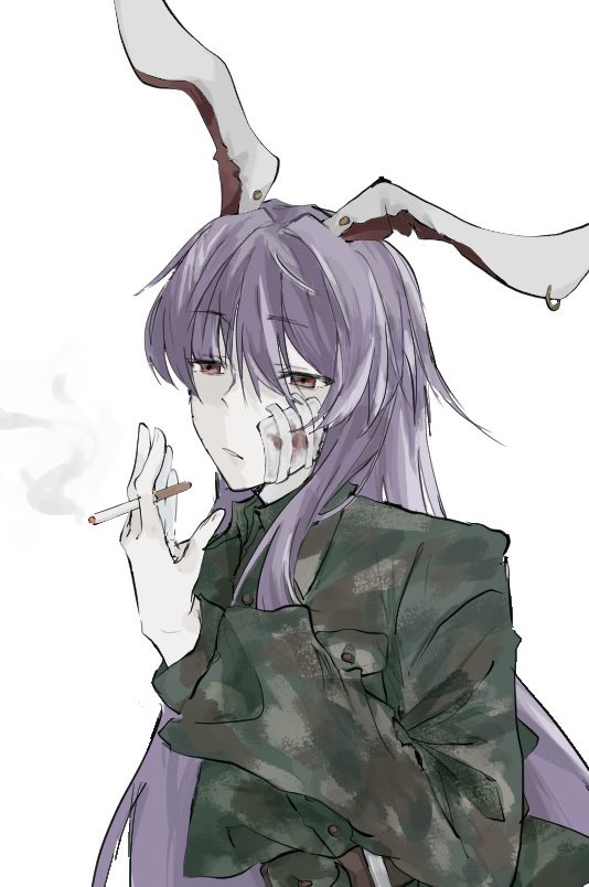 1girl, animal_ears, bandage_on_face, bandages, blood, blood_on_bandages, breast_pocket, cigarette