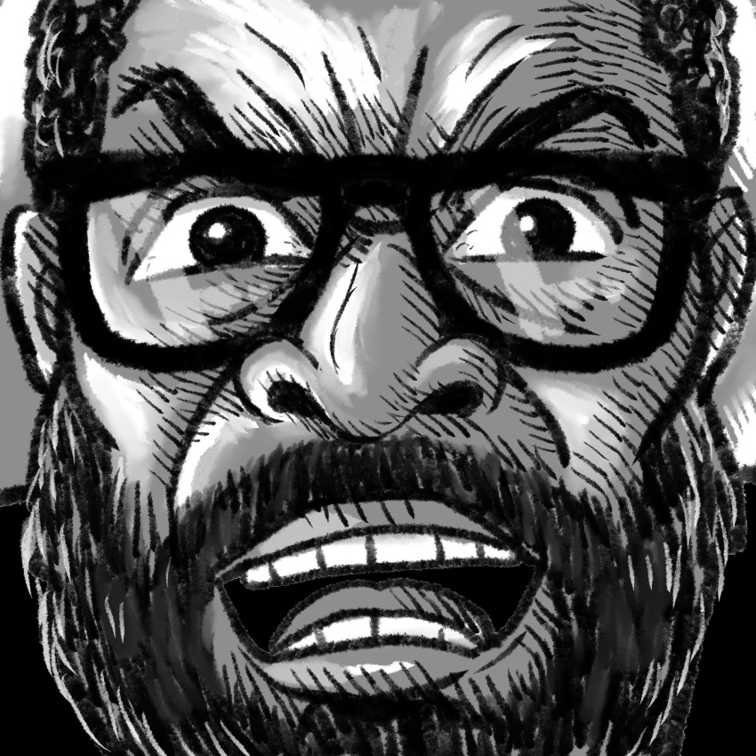 1boy, beard, close-up, commentary_request, dark-skinned_male, dark_skin, facial_hair, glasses