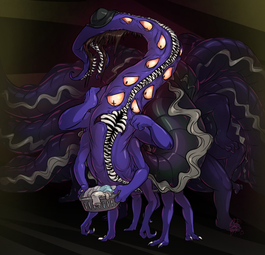 1girl, basket, black_hair, black_hat, body_horror, english_commentary, extra_arms, extra_eyes, godslush, hat, highres, holding, holding_basket, horror_(theme), hydra, jeanne_(look_outside), laundry, laundry_basket, look_outside, monster, sharp_teeth, teeth, unsure