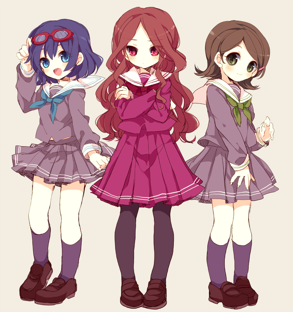 blue_eyes, blue_hair, blush, brown_hair, chiku-wa, crossed_arms, footwear, glasses