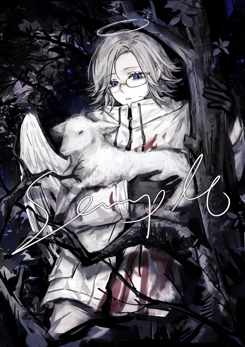 1boy, angel_wings, animal, aotsuki_eito, baby_animal, black_gloves, blood, blood_on_clothes