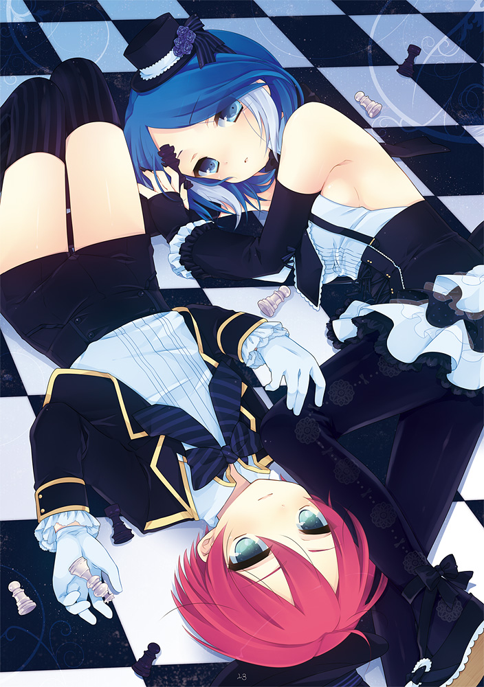 black_legwear, black_thighhighs, blue_hair, breasts, chess, chess_piece, detached_sleeves, dress