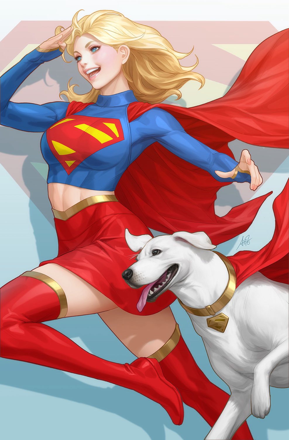 1girl, blonde_hair, blue_eyes, boots, cape, highres, kara_danvers, long_sleeves
